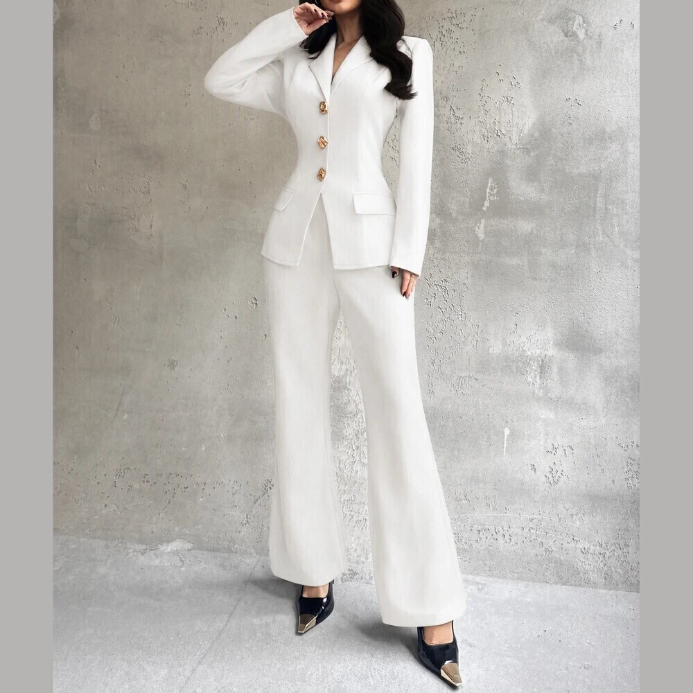 White Gold Button Fitted Blazer and Flared Trouser Pantsuit Set